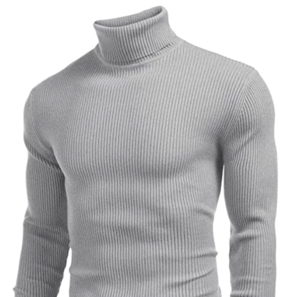 Gray Ribbed Slim Fit Turtle Neck